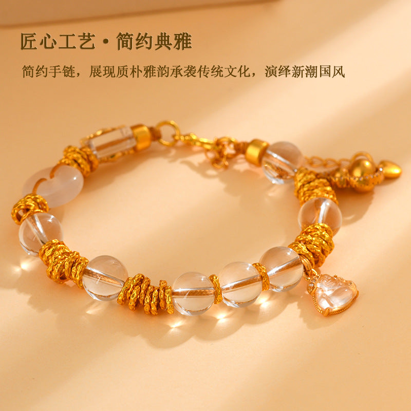 Golden Coiled White Crystal Bracelet with White Agate Peace Buckle - New Chinese Style Spiritual Jewelry
