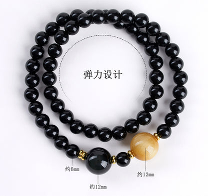 Natural Obsidian Gold Tiger Eye Double Circle Buddhist Bead Bracelet | Protection Wealth Spiritual Amulet