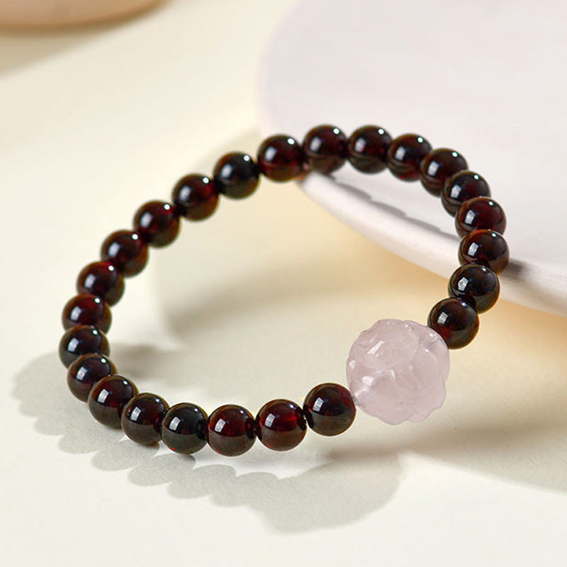 Natural Crystal Garnet Rose Quartz Fox Bracelet - Chinese Style Women's Spiritual Jewelry