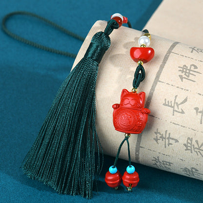 Natural Cinnabar Lucky Cat Car Hanging Ornament - Imperial Red Sand for Good Fortune