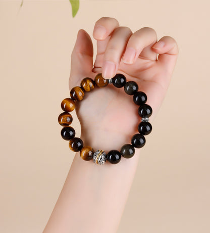 Natural Gold Obsidian & Tiger Eye Bracelet | Wealth Protection Couple's Energy Stone Jewelry