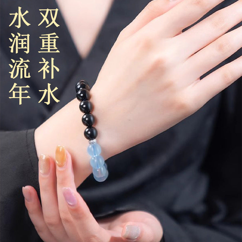 Natural Obsidian Aquamarine Crystal Bracelet - Couple Spiritual Harmony & Protection