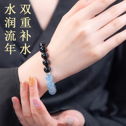 Natural Obsidian Aquamarine Crystal Bracelet - Couple Spiritual Harmony & Protection