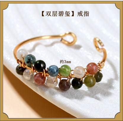 Handmade Crystal Agate Ring with Yellow Rutilated Quartz and Moonstone - Open Wire Wrapped Design for Wealth and Protection