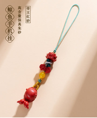 Imperial Red Cinnabar Whale Phone Chain Pendant with Lotus Keychain - Spiritual Guardian & Wealth Attractor