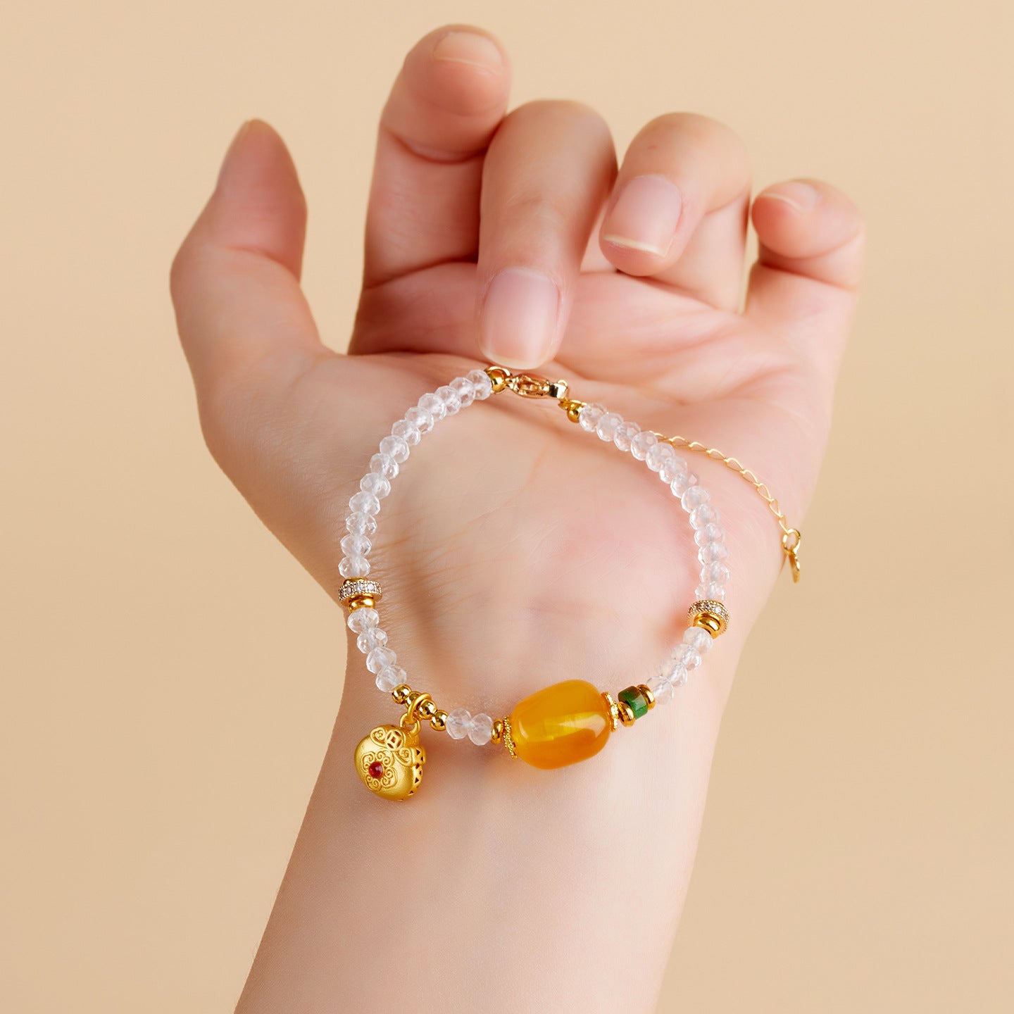 Natural Carved White Crystal and Amber Bead Bracelet | Chinese Style Spiritual Jewelry for Women