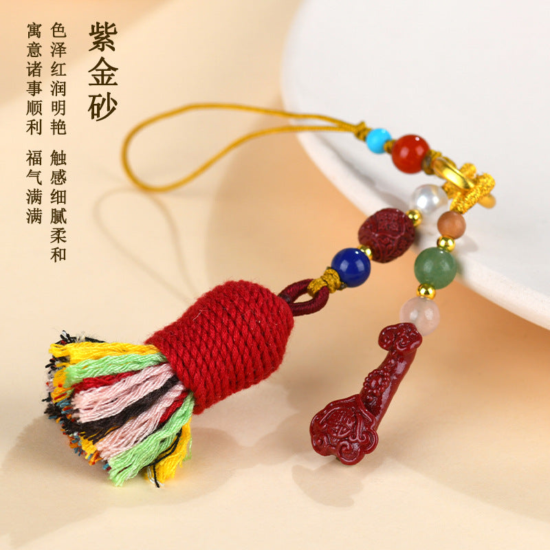 Natural Purple Gold Cinnabar Ruyi Tibetan Style Tassel Pendant - Spiritual Protection Charm