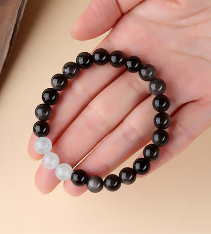 Natural Obsidian Crystal Bracelet with Golden Rutilated Quartz & Gemstones | Spiritual Protection & Wealth Attraction