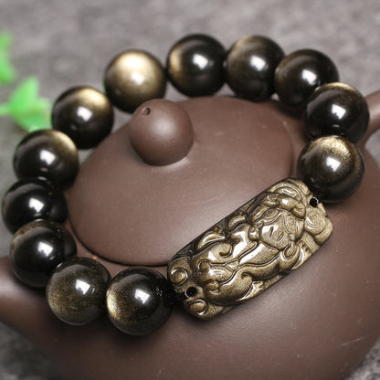 Natural Golden Stone Bracelet with Double Gold Eye Obsidian and Pixiu Charm for Wealth Attraction