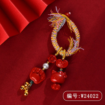Imperial Red Cinnabar Cat Paw Keychain - Tibetan Woven Style Protection Amulet