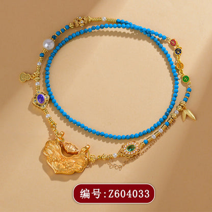 Koi Fish Ruyi Lock Necklace - Ancient Copper Gold Plated Chinese Style Pendant