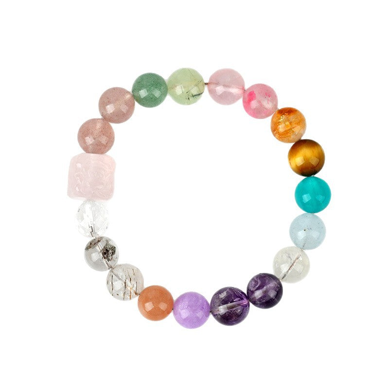 Natural Crystal Multi-Gem Rose Quartz Phoenix Peony Bracelet - Black Gold Super Seven Energy Talisman