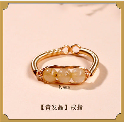 Handmade Crystal Agate Ring with Yellow Rutilated Quartz and Moonstone - Open Wire Wrapped Design for Wealth and Protection