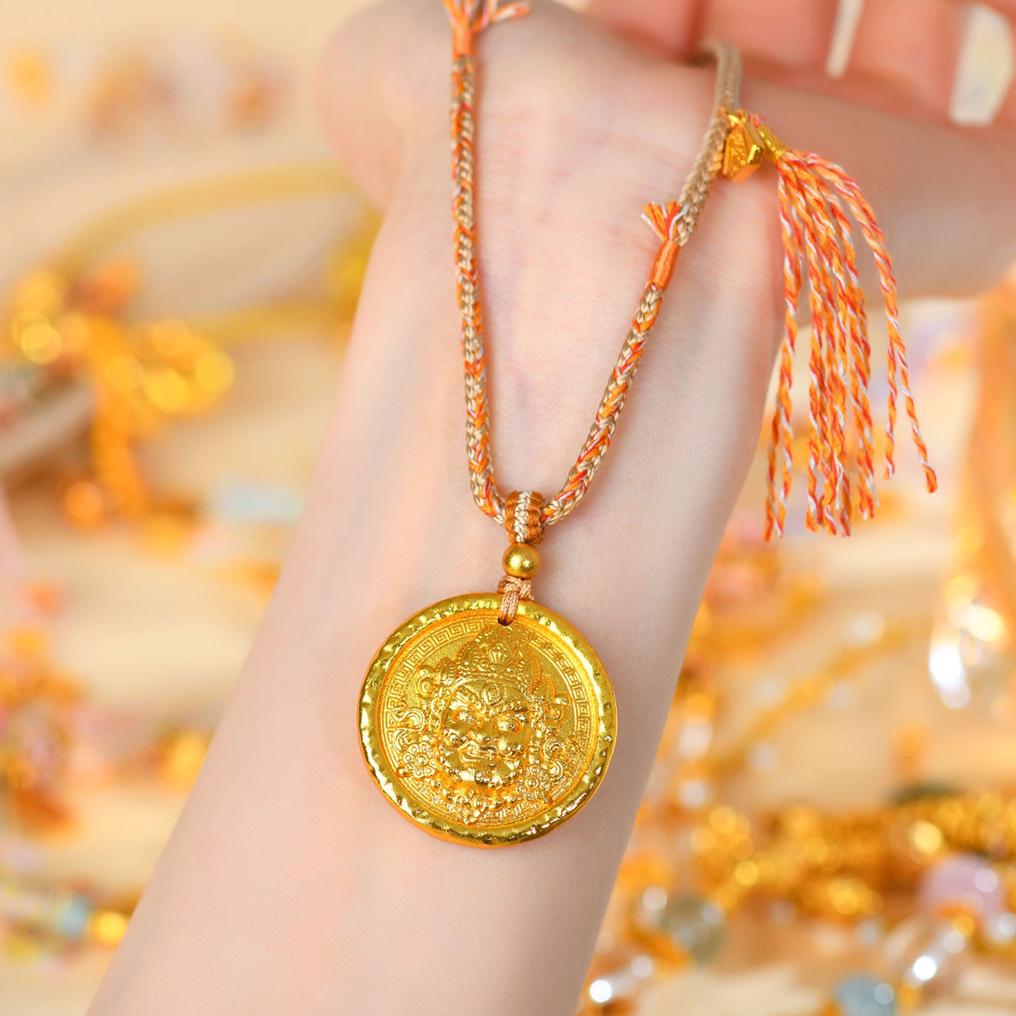 Golden Wealth God Pendant Tibetan Necklace - Prosperity and Protection Amulet