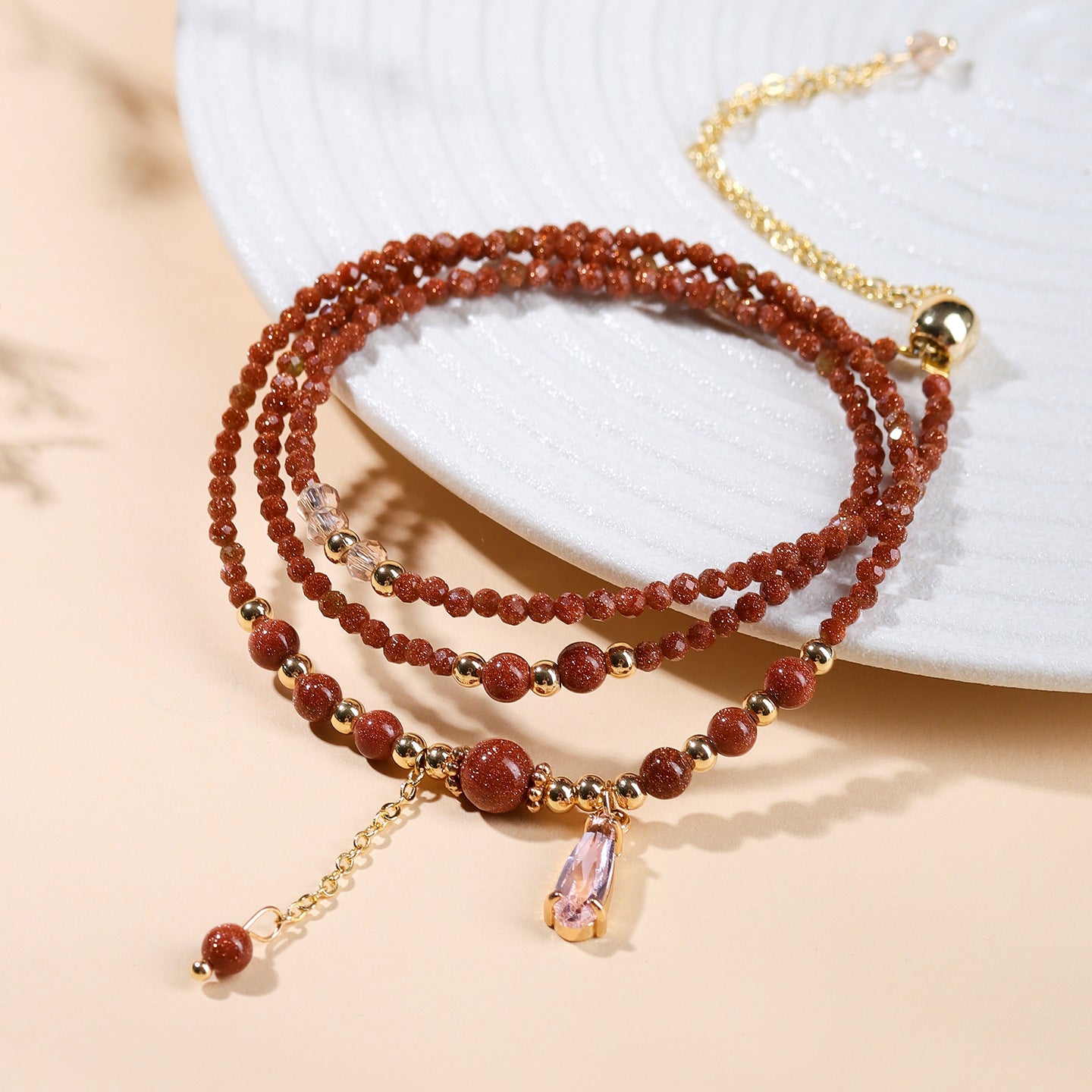 Golden Sandstone Three-Circle Bracelet | Adjustable Women's Spiritual Jewelry for Protection and Wealth