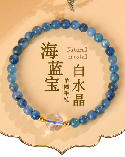 Natural Aquamarine White Crystal Single Circle Bracelet | S925 Silver Elegant Women's Jewelry for Harmony & Protection