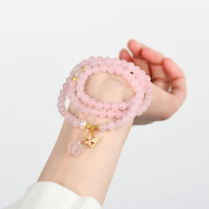 Natural Madagascar Pink Crystal Multi-Circle Love Bracelet with Fox Mask Charm