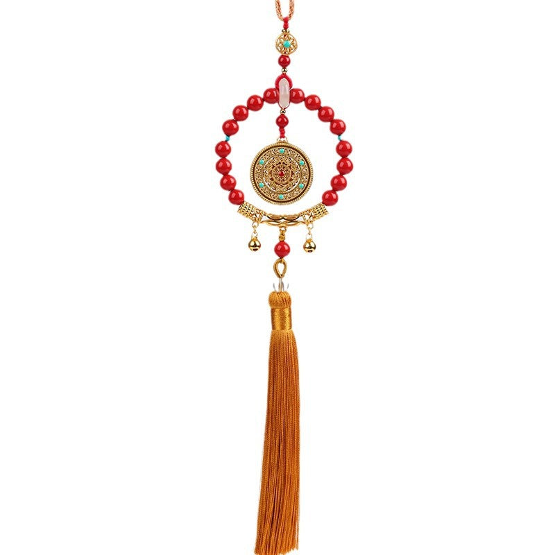 Imperial Red Cinnabar Five Blessings Compass Car Hanging – Natural Mineral Talisman for Safe Travels