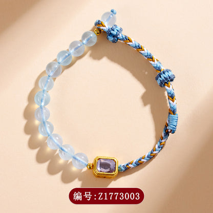 Natural Aquamarine Crystal Handmade Braided Bracelet | Chinese Style Spiritual Protection Jewelry