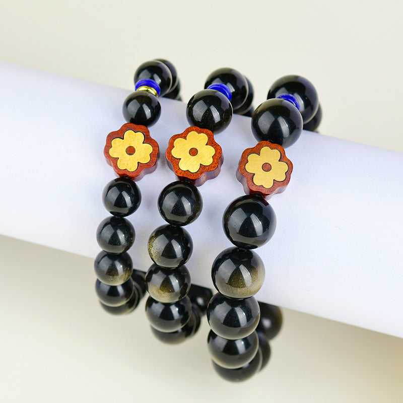 Gold Obsidian Double Eye Bracelet with Lucky Clover - Feng Shui Protection & Wealth Attraction