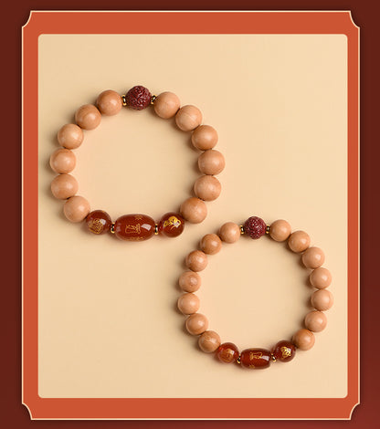 Ancient Peach Wood Cinnabar Zodiac Buddha Protection Bracelet for Harmony