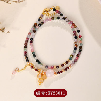 Natural Tourmaline Garnet Rose Quartz Double Circle Bracelet | Adjustable Female Wangfu Stone for Love & Fortune