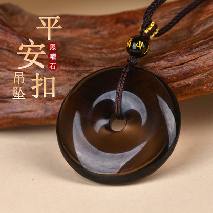 Natural Obsidian White Agate Peace Buckle Pendant - Chinese Style Zodiac Harmony Necklace
