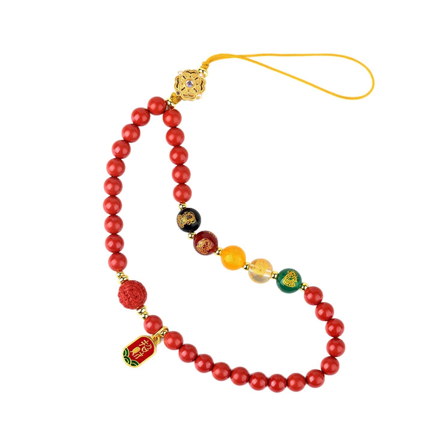 Imperial Red Cinnabar Five-Way God of Wealth Phone Charm - Natural Mineral Pendant for Wealth Attraction