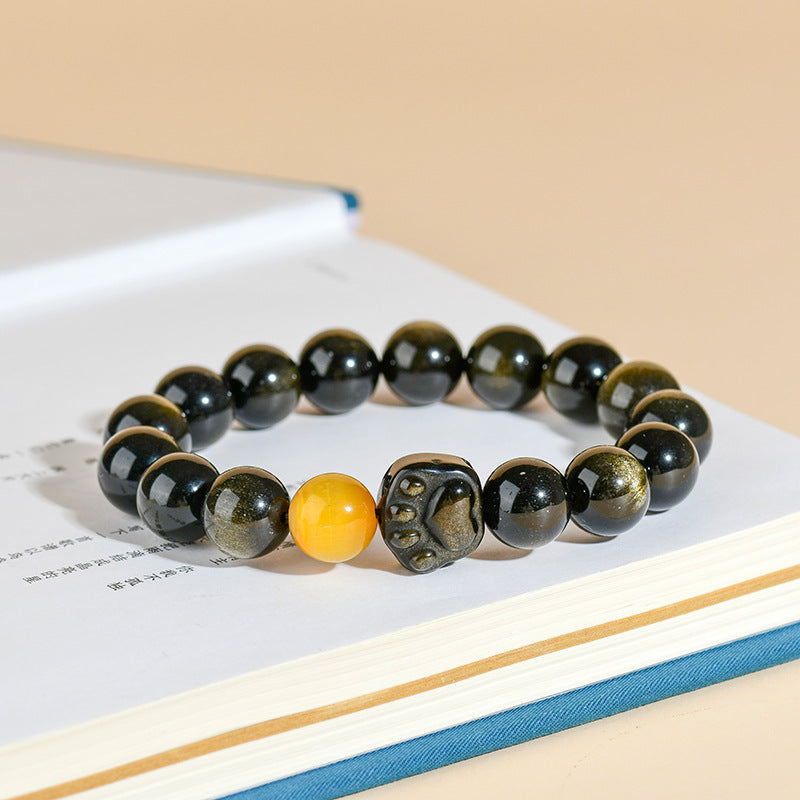Golden Obsidian Tiger Eye Cat Claw Bracelet | Dual Energy Protection & Wealth Attraction