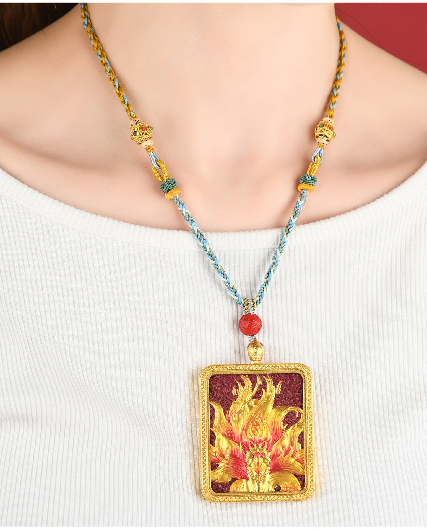 Purple Gold Cinnabar Relief Nine-Tailed Fox Thangka Pendant - Tibetan Handwoven Necklace for Spiritual Protection