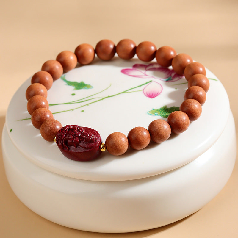 Peach Wood Cinnabar Zodiac Buddha Beads Bracelet | Spiritual Protection & Fortune Amulet