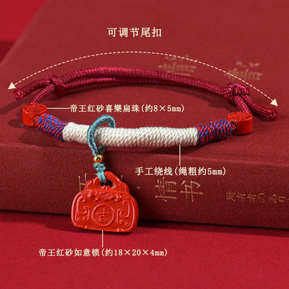 Natural Cinnabar Ruyi Lock Tibetan Bracelet - Auspicious Protection Handmade Red Rope