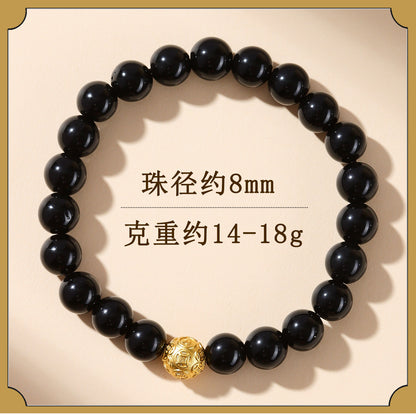 Natural Obsidian Gold Copper Coin Bead Bracelet - Chinese Style Unisex Protection Wealth Charm
