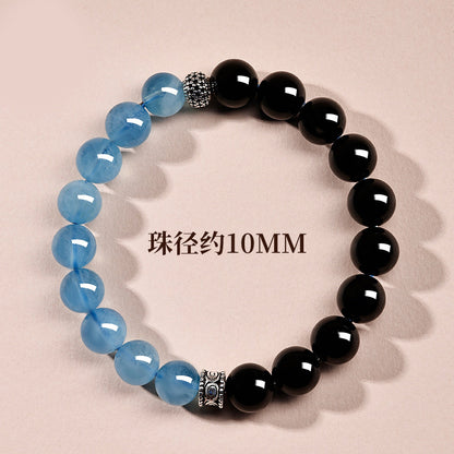 Natural Obsidian Aquamarine Crystal Bracelet - Couple Spiritual Harmony & Protection