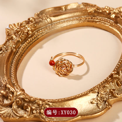 Handmade Crystal Agate Ring with Yellow Rutilated Quartz and Moonstone - Open Wire Wrapped Design for Wealth and Protection