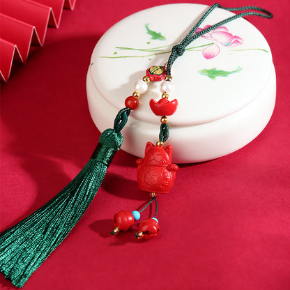 Imperial Red Natural Cinnabar Lucky Cat Charm - Phone & Car Mirror Pendant for Fortune