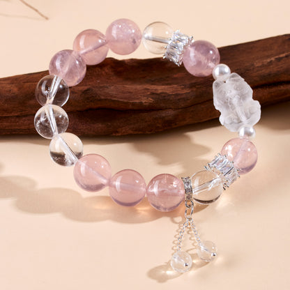 Natural Pink White Crystal LABUBU Bracelet - Peach Aura Love Energy Women's Fashion Jewelry