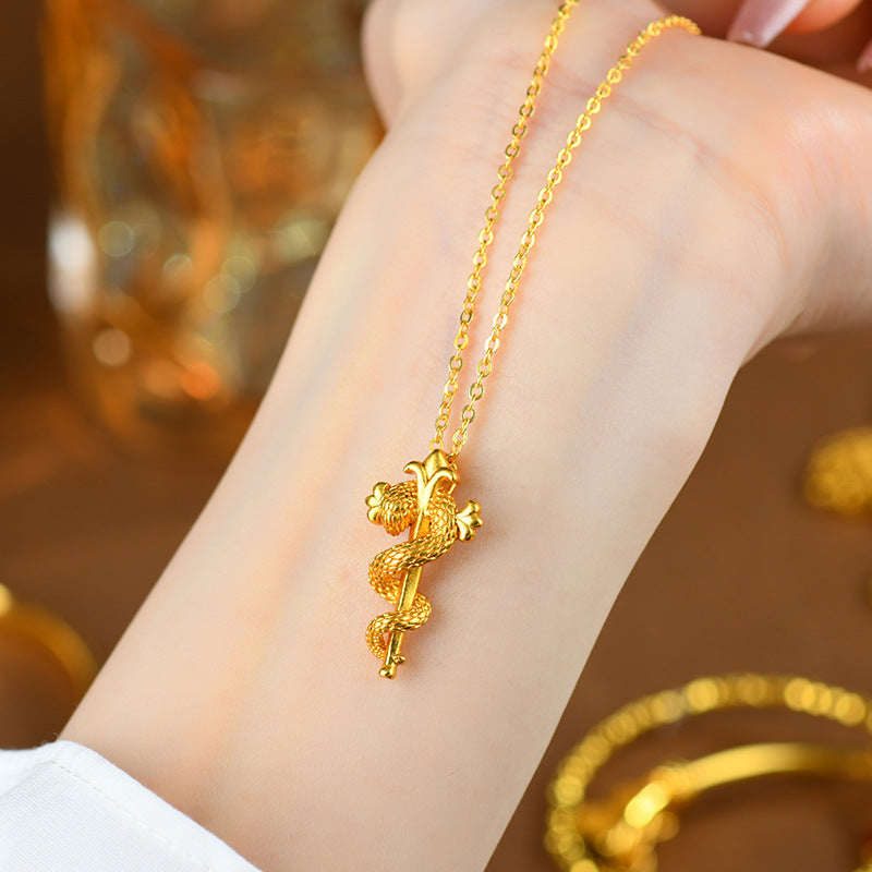 Golden Snake Scepter Pendant Necklace - Chinese Zodiac Snake Year Blessing Chain