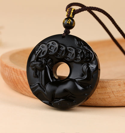 Natural Obsidian Zodiac Peace Buckle Pendant | Spiritual Protection & Fortune Necklace