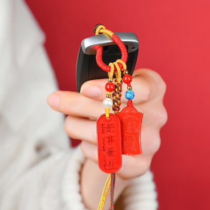 Natural Cinnabar Imperial Red Sand Good Luck Keychain - Protection Charm for Bag and Pendant