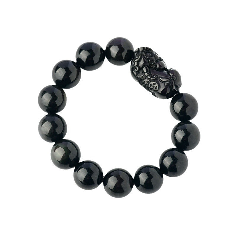 Natural Black Obsidian Pixiu Bracelet with Gold and Double Color Eye Beads - Wealth Protection Amulet for Couples