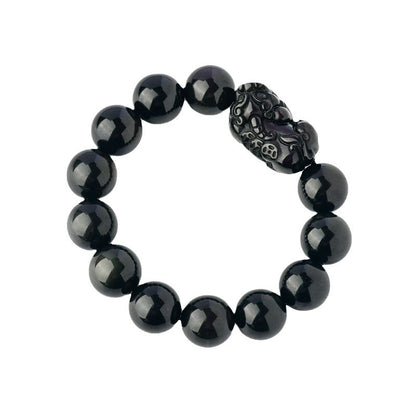 Natural Black Obsidian Pixiu Bracelet with Gold and Double Color Eye Beads - Wealth Protection Amulet for Couples