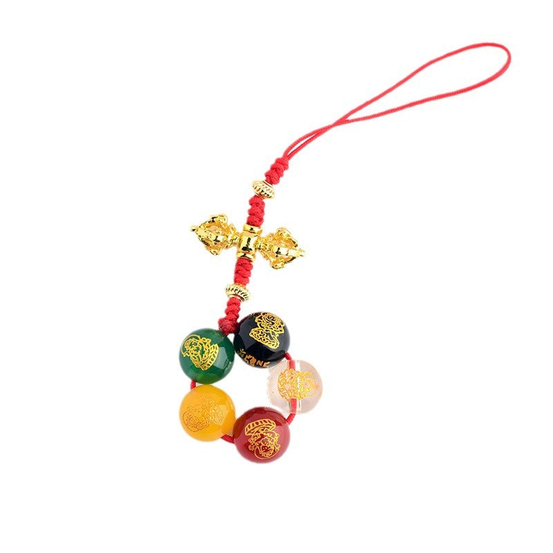 Natural Agate Five-Way God of Wealth Pendant with Vajra Buddha Beads - Mystical Wealth Charm