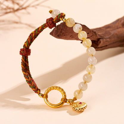 Golden Rutilated Quartz Braided Bracelet | Wealth & Luck Amulet in Chinese Style