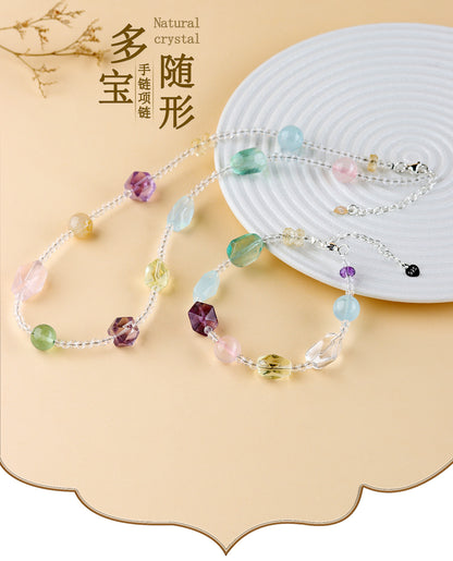 Natural Freeform Crystal Multi-Gemstone Women's Bracelet Collarbone Chain - s925 Silver Macaron Candy Color