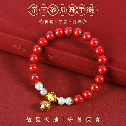 Natural Raw Cinnabar Gold Bell Bracelet - Imperial Red Sand Spiritual Protection Amulet