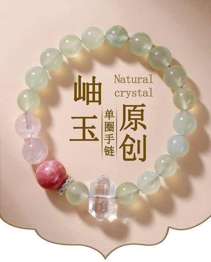 Natural Xiuyan Jade Bracelet with Ice Pink Crystal and Cherry Blossom Motifs