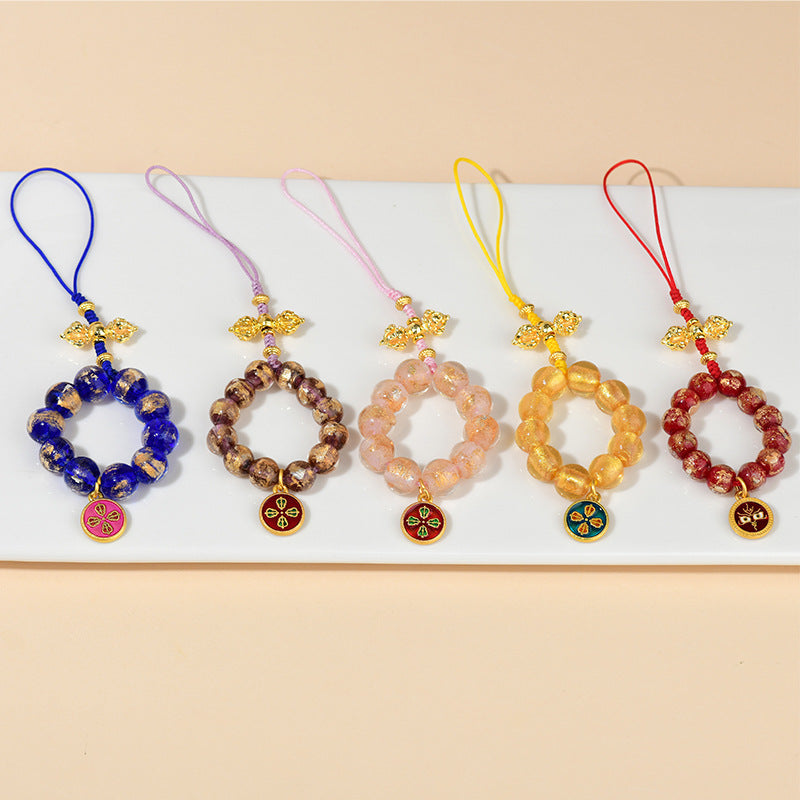 Gold Foil Incense Ash Glaze Five-Way God of Wealth Prayer Beads Phone Pendant