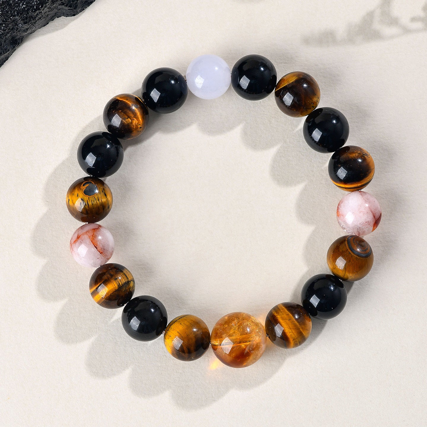 Natural Crystal Multi-Gem Bracelet with Yellow Tiger Eye and Obsidian - Spiritual Energy and Protection