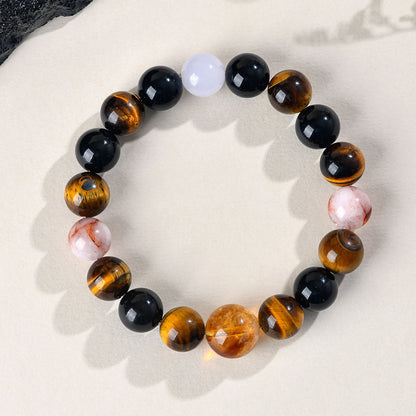 Natural Crystal Multi-Gem Bracelet with Yellow Tiger Eye and Obsidian - Spiritual Energy and Protection